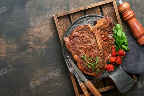 Preview: Steaks T-bone. Sliced beef grilled T-bone or porterhouse meat steak with spices rosemary and pepper