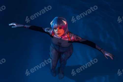 Preview: Closeup shot of a European female with blue hair swimming in a pool at night