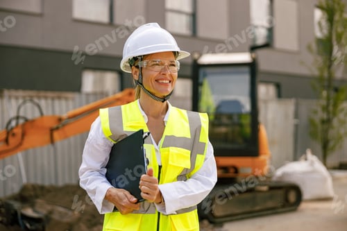 Preview: Smiling female construction worker in protective helmet standing against on construction background