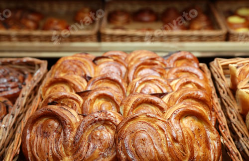 Preview: Wicker trays with different sweet buns in bakery
