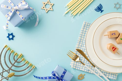Preview: Bring the spirit of Hanukkah to life with a top-view image of table decor - plates, cutlery, napkin