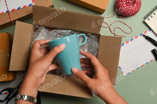 Preview: Overhead view of woman putting ceramic cup into cardboard box.