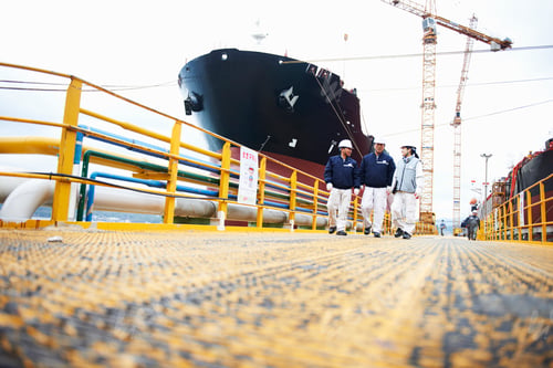Preview: Three workers at shipping port, low angle view, GoSeong-gun, South Korea