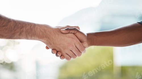 Preview: Help, support and handshake by men outdoor with trust, cooperation or collaboration on blurred back