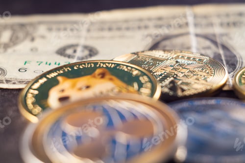 Preview: Different cryptocurrency cash coins on a paper money