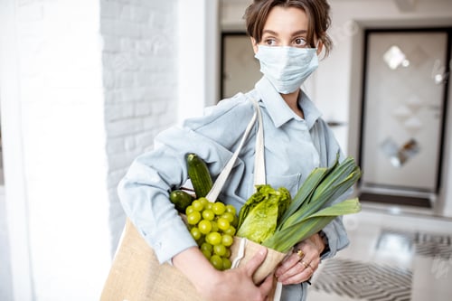 Preview: Woman in medical mask shopping food
