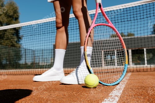 Preview: Tennis ball and racquet on clay court baseline with athlete legs in bright sunlight