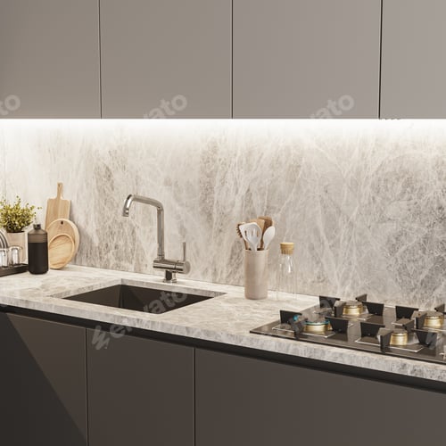 Preview: modern kitchen interior, cabinets with cove light, stove and sink, kitchen utilities, 3d render