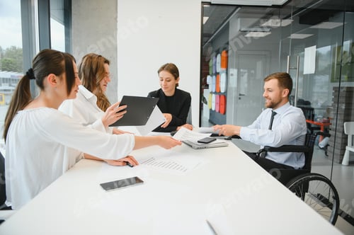 Preview: Corporate business team and manager in a meeting room at modern office with panoramic windows