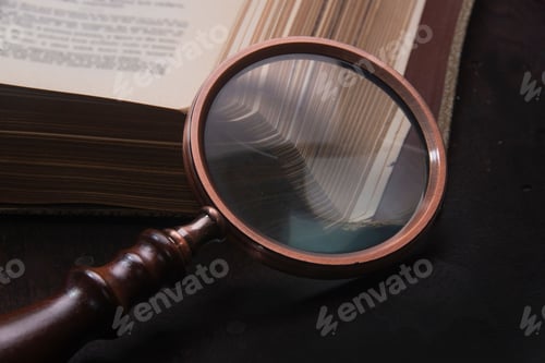 Preview: Closeup of an antique magnifying glass rest on an ancient book