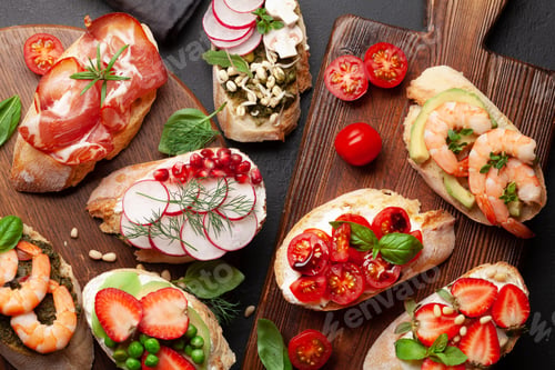 Preview: Appetizers board with traditional spanish tapas set. Italian antipasti snacks