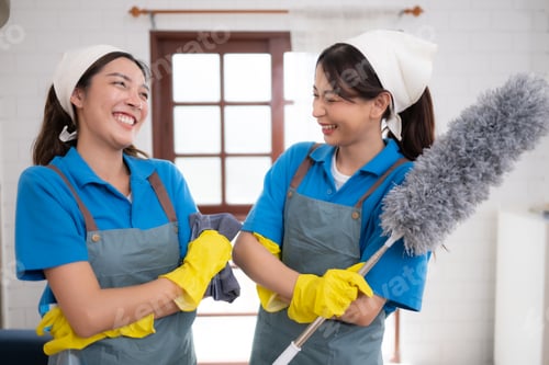 Preview: Portrait of asian female cleaning service staff in uniform and rubber gloves, housework concept