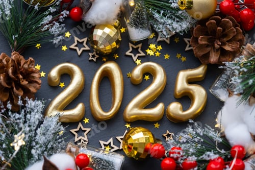 Visualização: As figuras douradas (20-25) feitas de velas em um fundo de ardósia de pedra preta são decoradas com um festi.