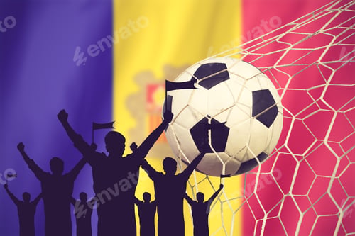 Preview: Silhouettes Of Soccer Fans With Flag Of Andorra.Cheer Concept Vintage Color
