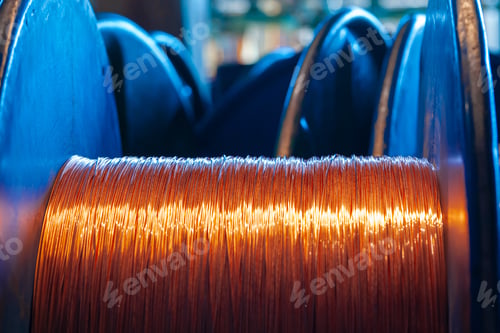 Preview: Copper wire reels in cable factory close up