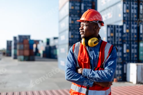 Preview: Black male African American smiling engineering in uniform wear hard hat standing containers yard