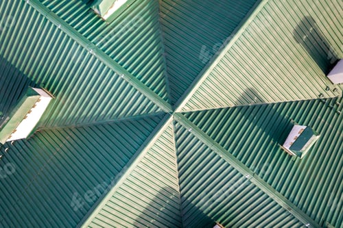Preview: Top aerial view of building green shingle tiled roof construction.