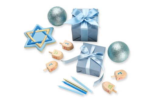 Preview: Hanukkah decor: gifts, dreidels, ornaments, on white