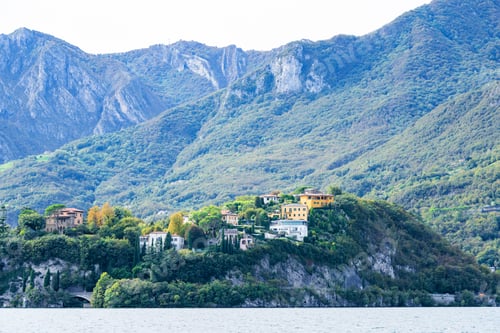 Preview: Mountain landscape, picturesque mountain lake in the summer morning, large panorama. Como, Italy