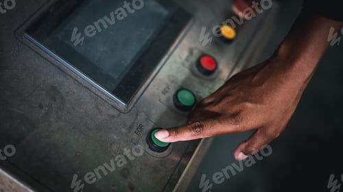 Preview: Close up hand Engineers Pressing button Machinery at Metal Sheet Factory.