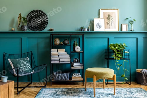 Preview: Interior design of living room with armchair, design pouf,.
