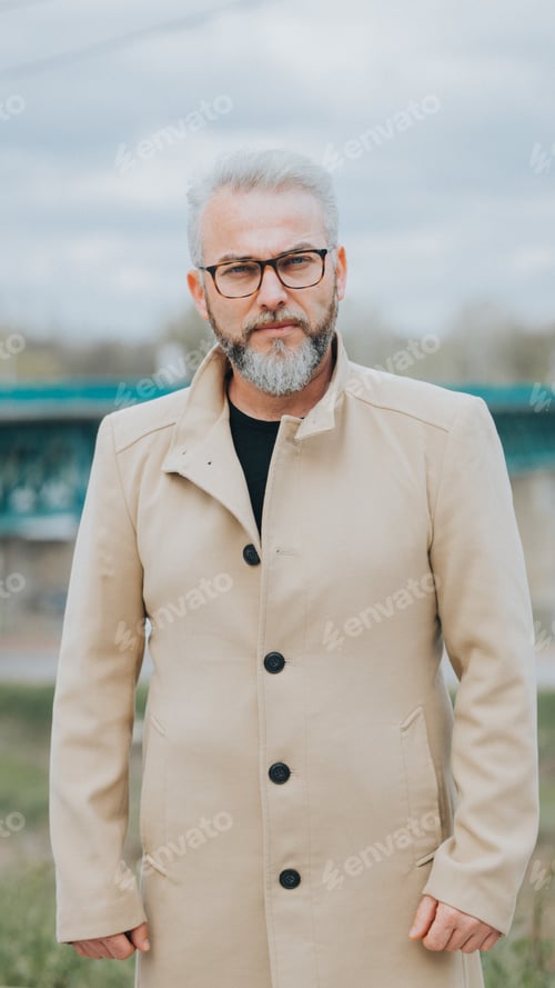 Preview: Confident man with gray hair wearing a stylish brown coat on background of a bridge