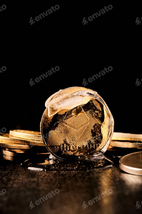 Preview: Ethereum Cryptocurrency Melting Inside an Ice Cube on Dark Background