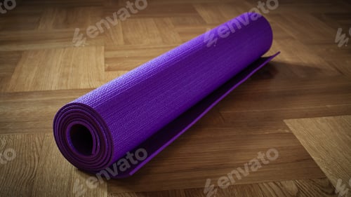 Preview: Purple Yoga Mat Rolled on Wooden Floor