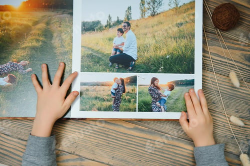 Preview: the Hand child holding a family photo album against the background of the a wooden table