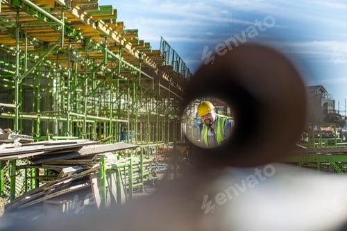 Preview: Construction worker looking through pipe