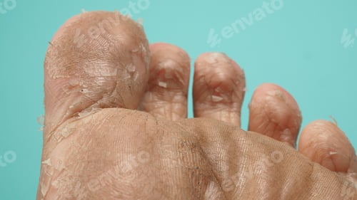 Preview: Close up of Foot peeling or remove dead skin on green or tiffany blue background.