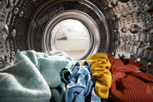 Preview: View Looking Out From Inside Washing Machine Filled With Laundry