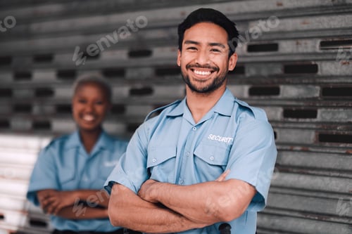 Preview: Portrait, security or safety and a happy man arms crossed with a black woman colleague on the stree