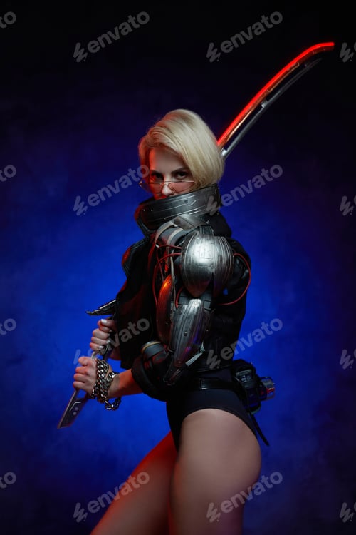 Preview: Futuristic woman with cybernetic hand and sword in dark background