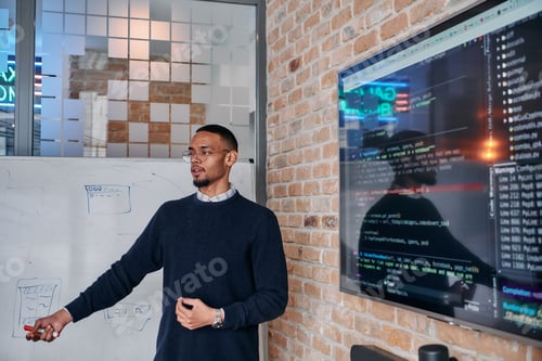 Preview: African American businessman delivers a compelling presentation of his business strategy to his