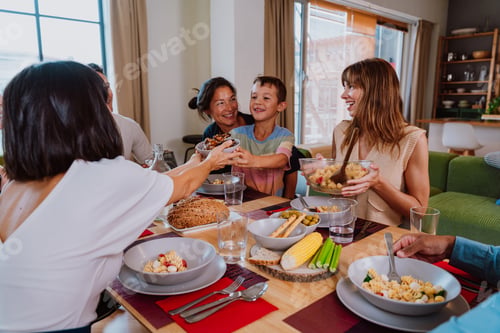 Preview: Family and friends reunion at home. Happy multigenerational family enjoying meal together at home