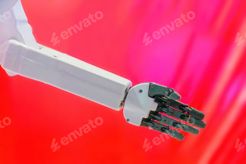 Preview: Part of the robot on a red background - robot puts his hand forward for a handshake