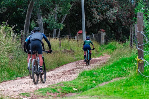 Preview: Back view of a group of cyclists on a dirt road with fresh grass