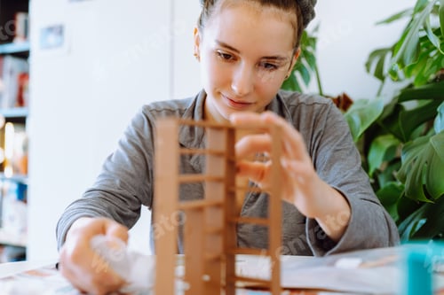 Preview: young attractive woman assembling wooden model at table in bright room with house plants