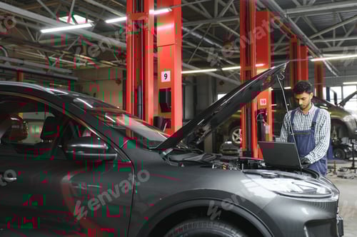 Preview: Mechanic man mechanic manager worker using a laptop computer checking car in workshop