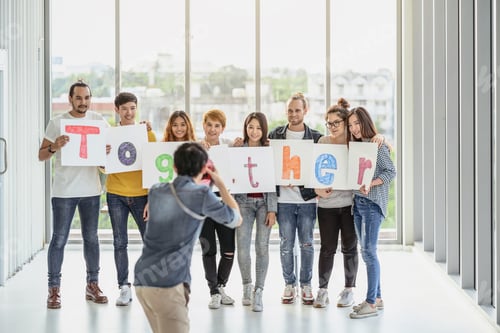 Preview: Behide the scene of photographer taking photo group of asian and Multiethnic Business people