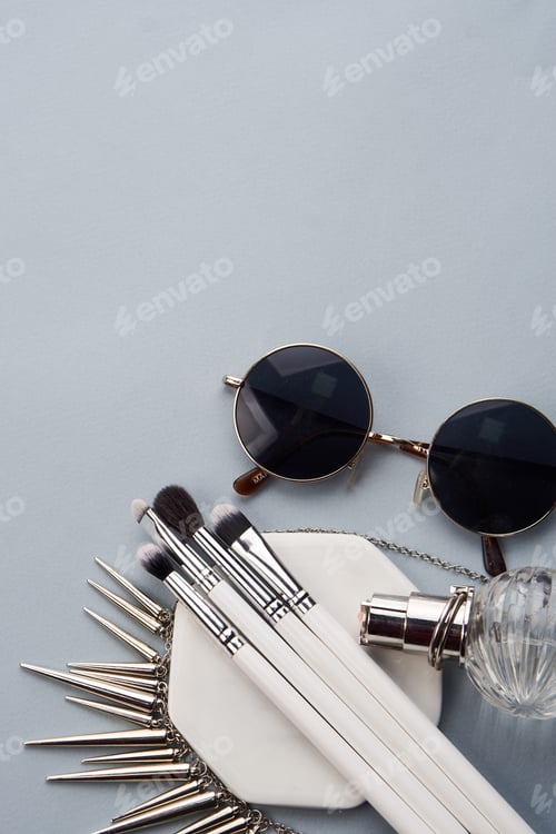 Preview: professional makeup brushes on stand on gray background and copy space cropped view