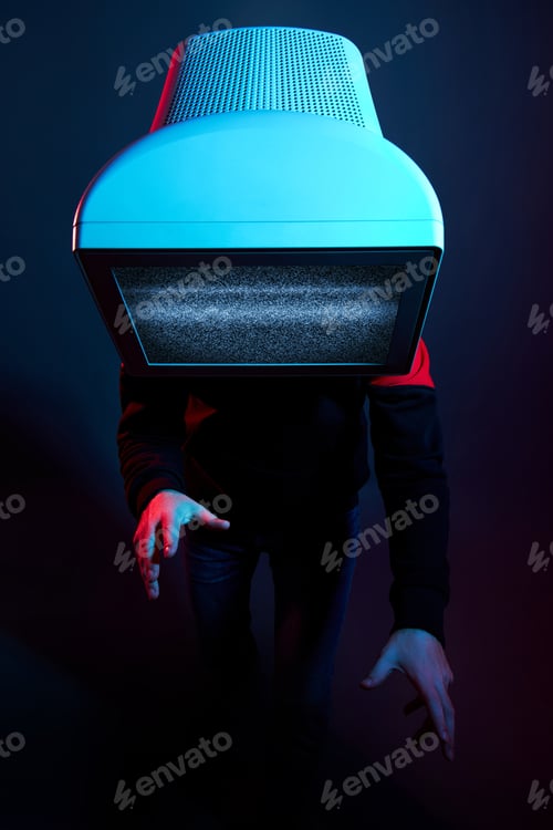 Preview: Man cyberpunk with a monitor instead of a head, computer addiction and zombie TV. Zombification, TV