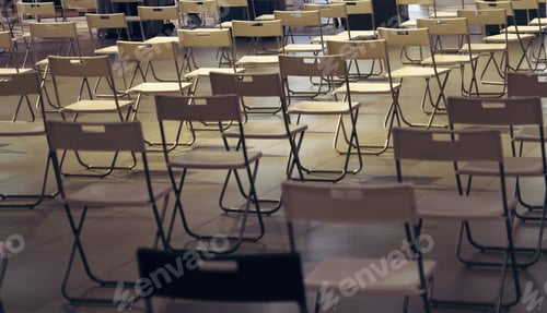 Preview: Top view of empty chairs set out for people to wait for vaccine. Social distancing.