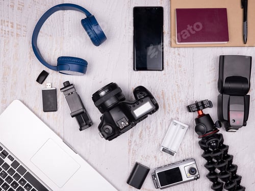 Preview: Flat lay top view of traveler accessories