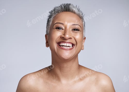 Preview: Beauty, skincare and happy senior woman with natural makeup, wellness and cosmetic health with a sm