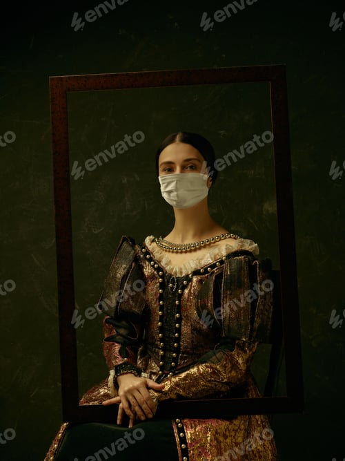 Preview: Medieval young woman as a duchess wearing protective mask against coronavirus spread