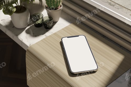 Preview: Smartphone placed on windowsill near potted plants