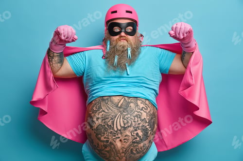 Preview: Serious bearded brave super natural man raises arms and shows muscles demonstrates his power has big