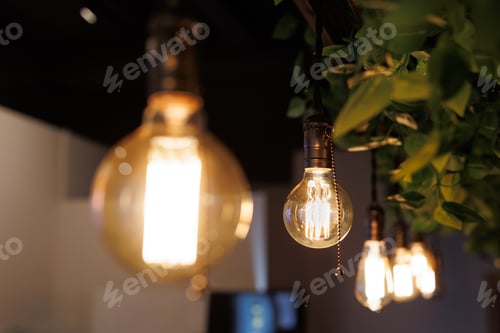 Preview: Decorative incandescent lamps in the Edison style in the restaurant hall.